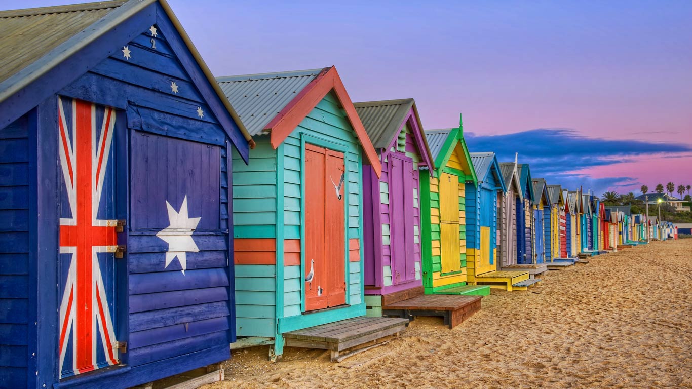 Bathing boxes line the beach at Brighton, Victoria, Australia (© J C Mitchell/Getty Images)(Bing United Kingdom)