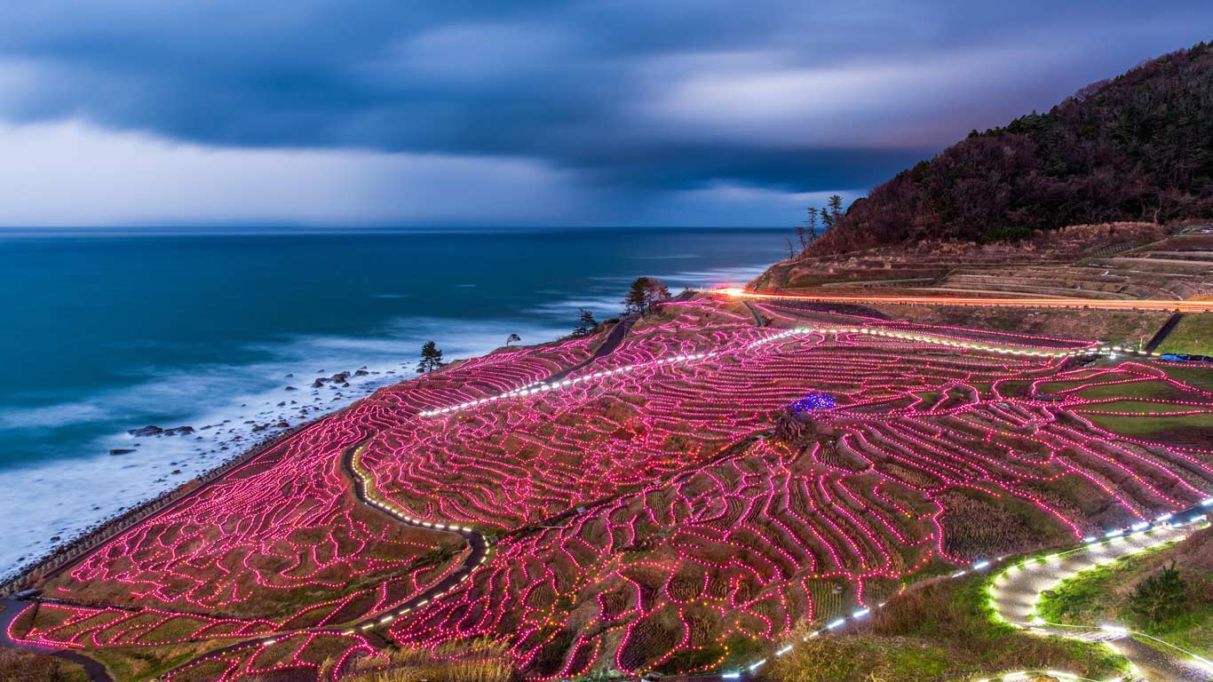 Rice terraces strung with lights, Wajima, Japan (© Sean Pavone/Alamy)(Bing United Kingdom)