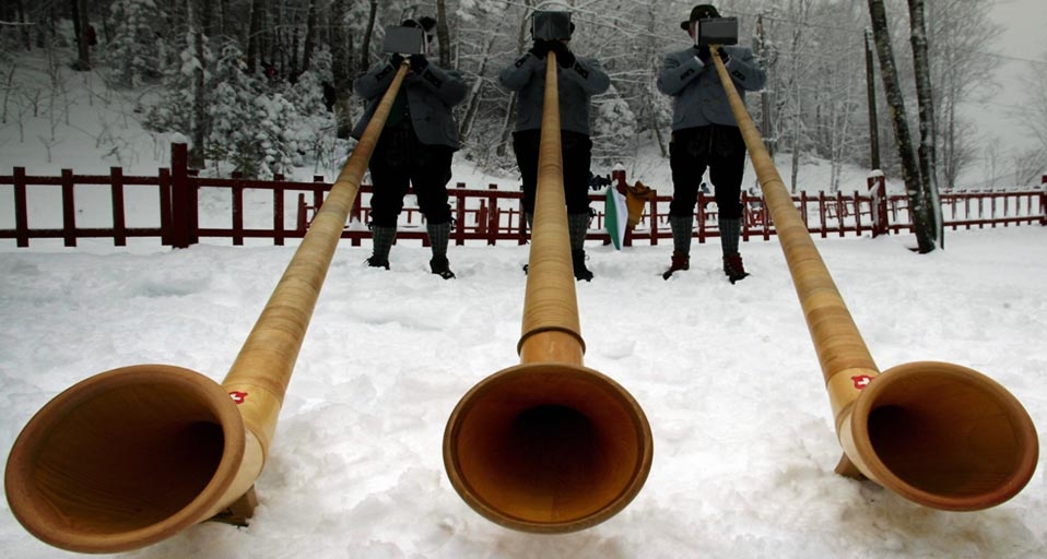 Three alphorn players from the International Alphorn Society perform in Fort Kent, Maine, USA -- Don Emmert//Getty Images &copy; (Bing United Kingdom)