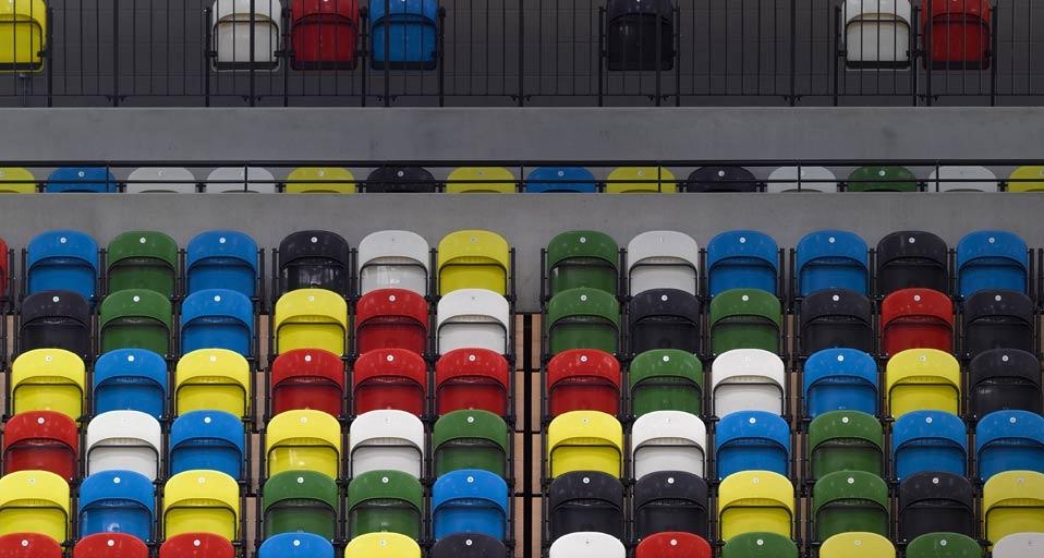 Colourful seats in the Copper Box at the Olympic Park in Stratford, London, England (© Edmund Sumner/Corbis) &copy; (Bing Canada)