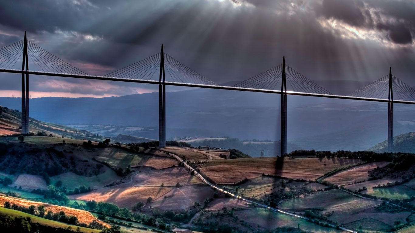 Millau Viaduct over the Tarn River Valley near Millau, France (© Patrick Landmann/Science Photo Library)(Bing United Kingdom)
