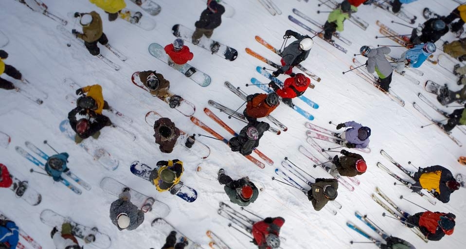 Skiers and snowboarders in lift line on Mt. Hood, OR -- Brian Stevenson/Corbis &copy; (Bing United Kingdom)