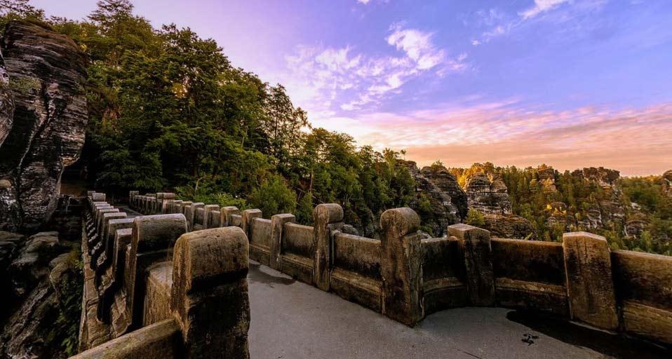 View from the Bastei Bridge above the Elbe River in the Elbe Sandstone Mountains of Germany (© Torsten Schmeling/360 Cities) &copy; (Bing United Kingdom)