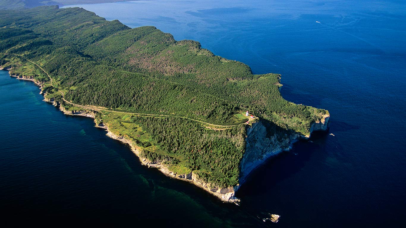 Aerial view of the Gaspe Peninsula, Forillon National Park, Que. (© Russ Heinl/Getty Images)(Bing Canada)