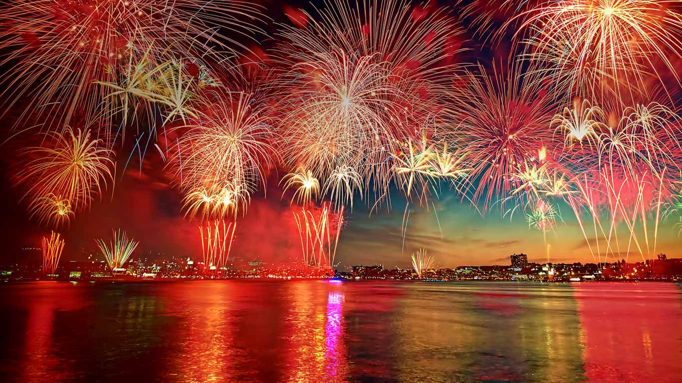 Fireworks display in New York City as seen over the Hudson River from Hoboken, New Jersey (© Steve Kelley aka mudpig/Getty Images)(Bing United States)