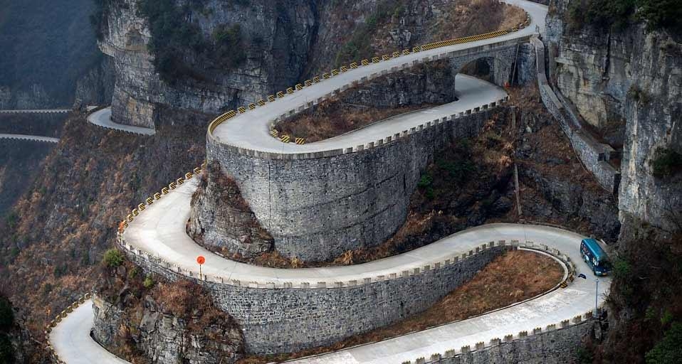 A bus descends the serpentine turns of Tongtian Avenue on Tianmen Mountain near Zhangjiajie, Hunan Province, China (© Tom Horton/Getty Images) &copy; (Bing United Kingdom)