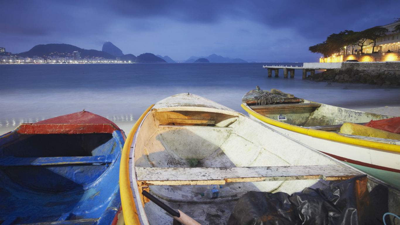 Fishing boats on Copacabana beach at dusk, Rio de Janeiro, Brazil (© Robert Harding Images/Masterfile)(Bing United Kingdom)