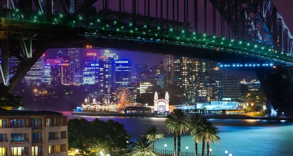 Sydney Harbour Bridge with Luna Park and high-rises of North Sydney -- Jon Hicks/Corbis &copy; (Bing Australia)