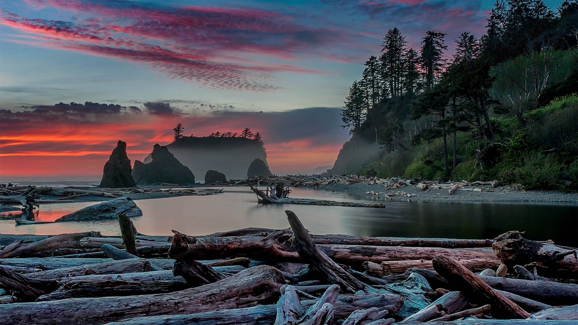 红宝石海滩的日落，华盛顿州奥林匹克国家公园 (© Adam Mowery/Tandem Stills + Motion)(Bing China)