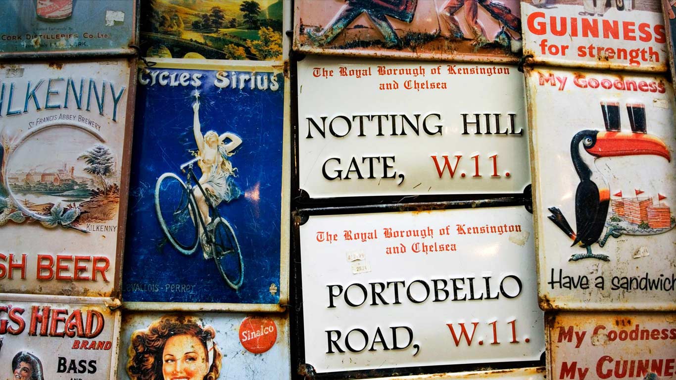 Antique Enamelled Advertising Signs, Portobello Road Market, Notting Hill, London (© Danita Delimont/Getty Images)(Bing United Kingdom)