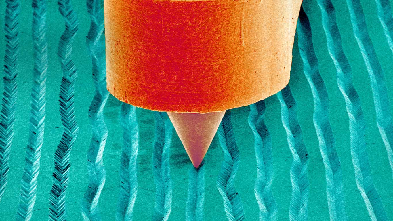 For the Grammy Awards, a scanning electron micrograph of a needle on a record (© Susumu Nishinaga/Science Photo Library)(Bing Canada)