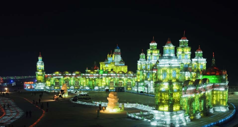 Colorful ice sculptures at the Harbin International Ice and Snow Sculpture Festival in Harbin, Heilongjiang Province, China -- Christian Kober/Photolibrary &copy; (Bing United Kingdom)