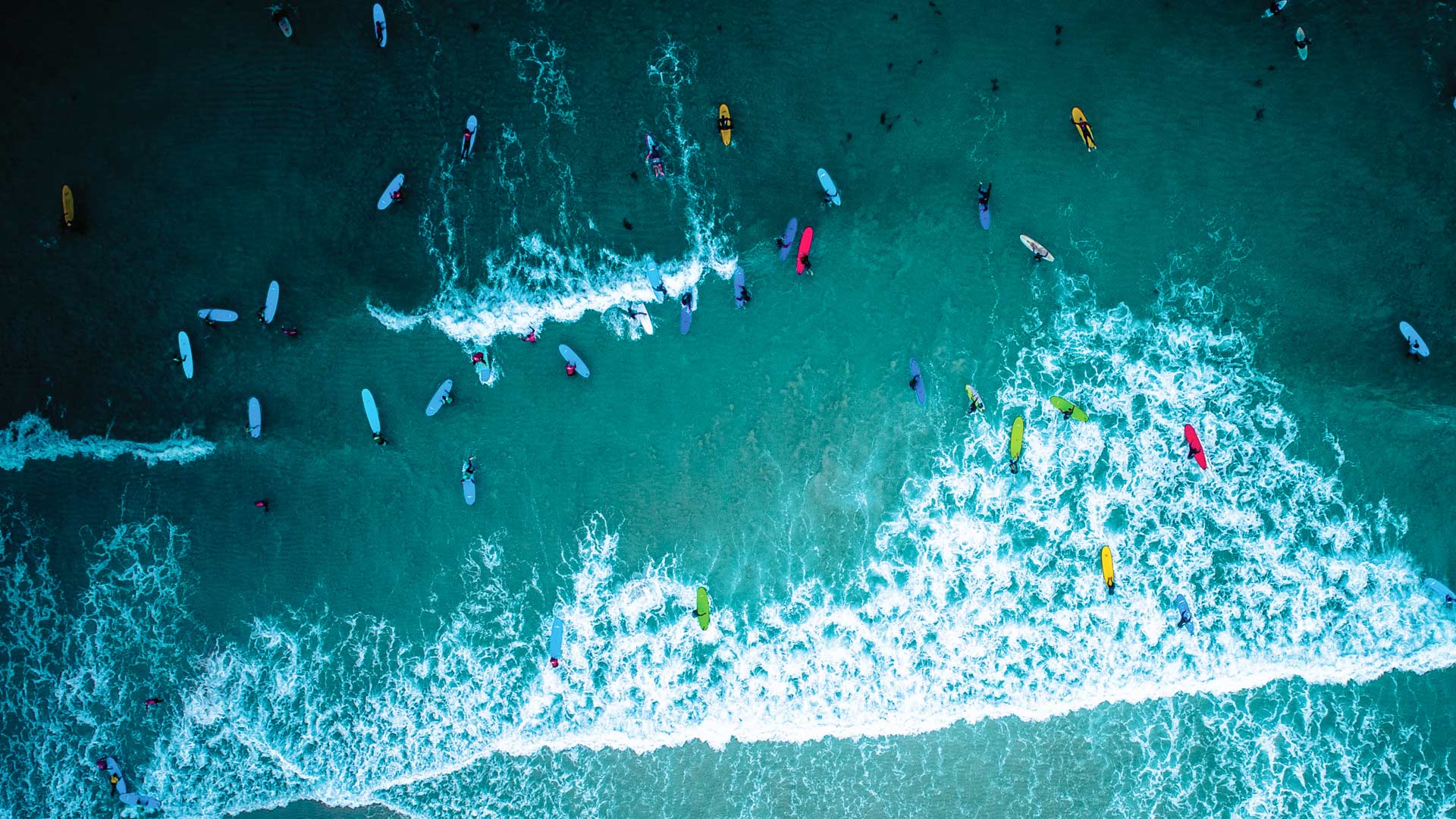 Aerial view of surfers in Cornwall for International Surfing Day (© Matt Cooper/Gallery Stock)(Bing United Kingdom)