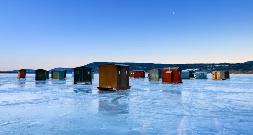 Ice fishing huts on frozen lake in New York State, USA (© Dermot Conlan/Corbis) &copy; (Bing United Kingdom)