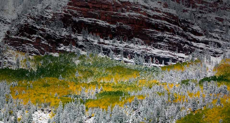 Aspens and snow on the red cliffs of Redstone, Colorado, USA (© Terry Eggers/Danita Delimont) &copy; (Bing United Kingdom)
