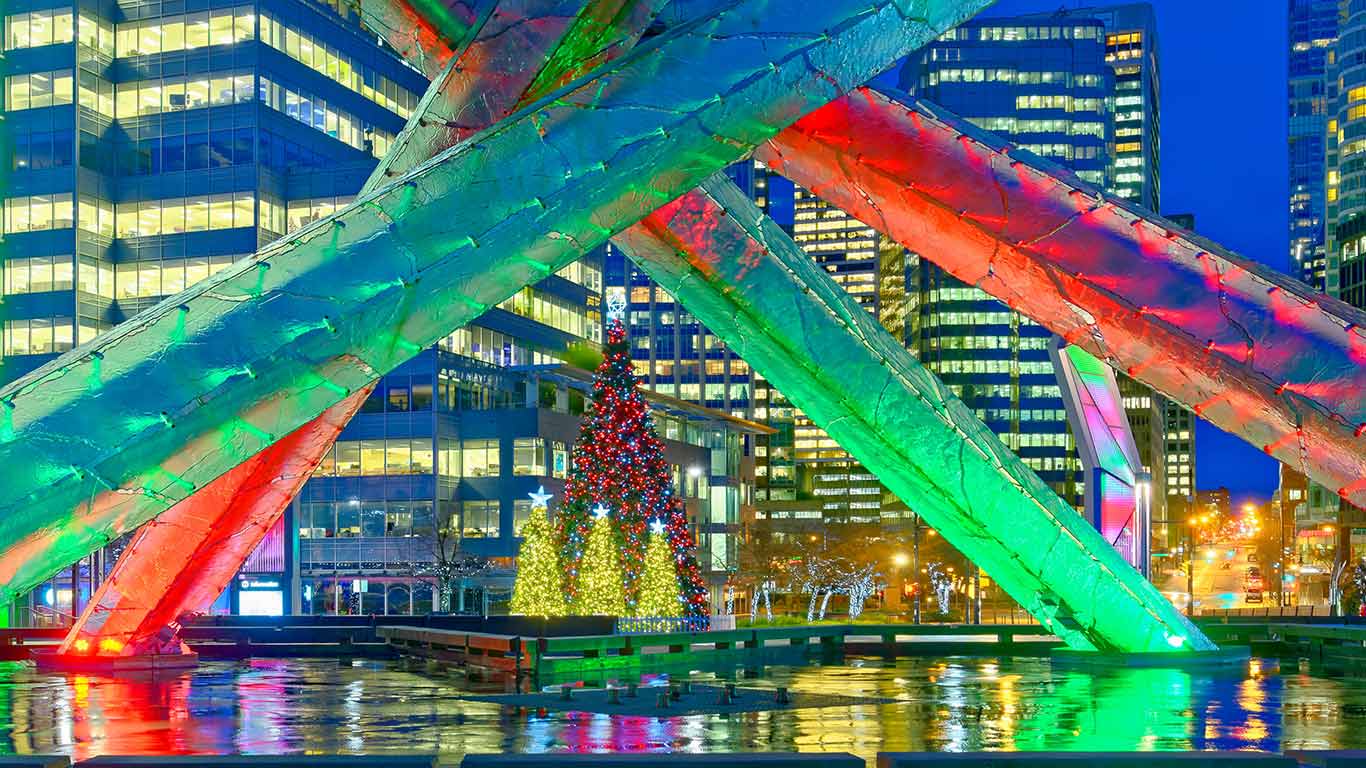 Olympic Cauldron and Christmas trees, Jack Poole Plaza, Vancouver, B.C. (© Michael Wheatley/Alamy Stock Photo)(Bing Canada)