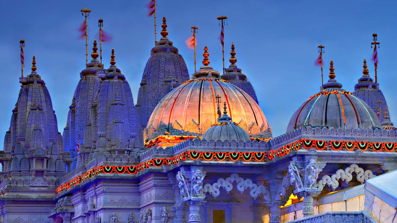BAPS Shri Swaminarayan Mandir (Neasden Temple) decorated for Diwali, London, England (© Jon Arnold Images/Danita Delimont)(Bing United States)