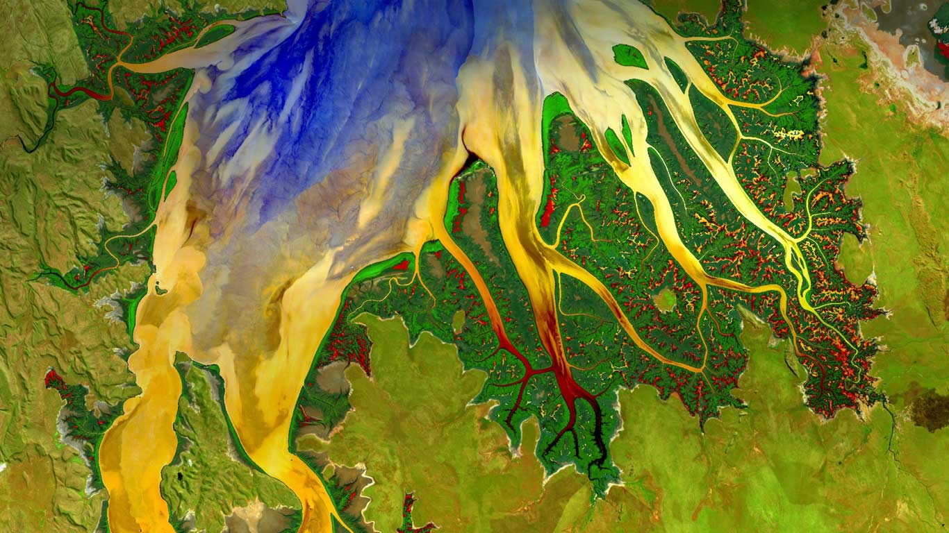 通过陆地卫星8号拍摄到的澳大利亚西部的剑桥湾河口 (© World History Archive/Alamy)(Bing China)