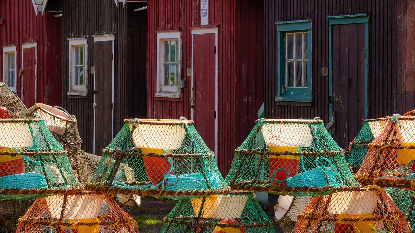 Crab traps and fishermen’s sheds in seaside village of Victoria By The Sea, Prince Edward Island, Canada (© Greg Vaughn/Alamy)(Bing Canada)