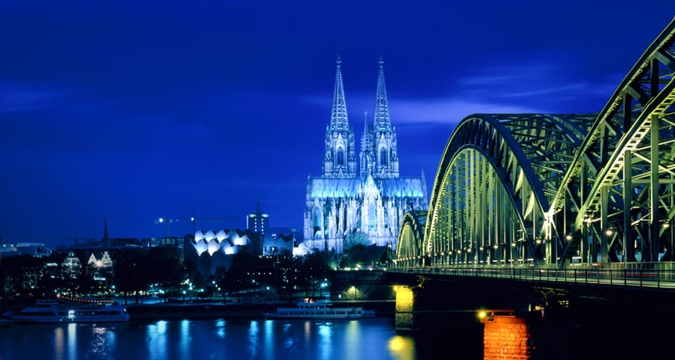 Skyline of Cologne, Germany, at dusk -- Guenter Rossenbach/Corbis &copy; (Bing Canada)