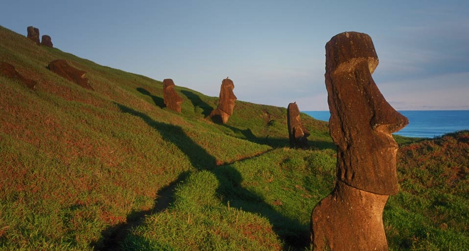 Moai stone statues on the outer slopes of Rano Raraku, a soft stone quarry on Easter Island. &copy; (Bing United Kingdom)