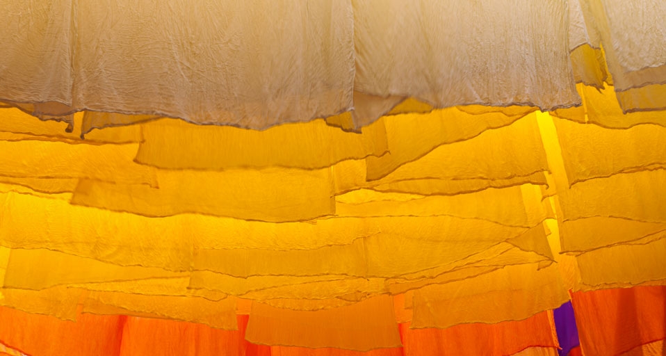 Skeins of fabric hung out to dry in the dyers souk, Marrakech, Morocco (© Peter Adams Photography Ltd./Getty Images) &copy; (Bing United Kingdom)