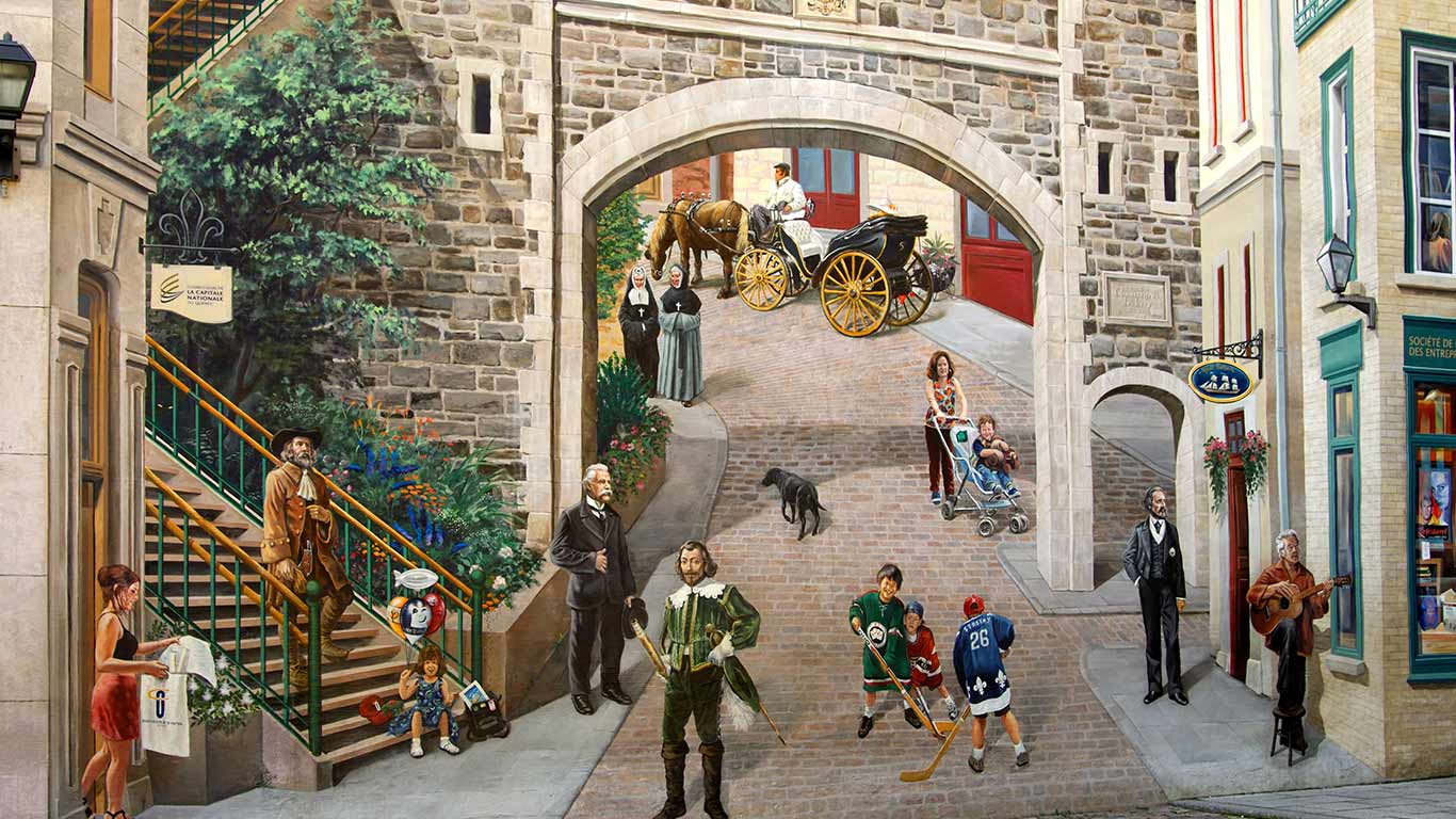 Mural painting ‘Fresque des Québécois,’ in Place-Royale, Quebec City (© GFC Collection/Alamy Stock Photo)(Bing Canada)