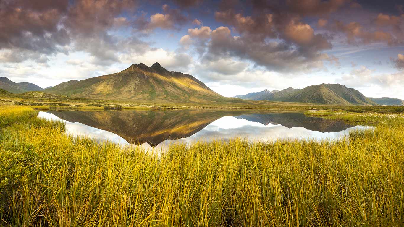 Mountain reflection in a thaw-lake in the permafrost in Tombstone Territorial Park, Yukon Territory (© Ron Erwin/All Canada Photos/Getty Images)(Bing Canada)