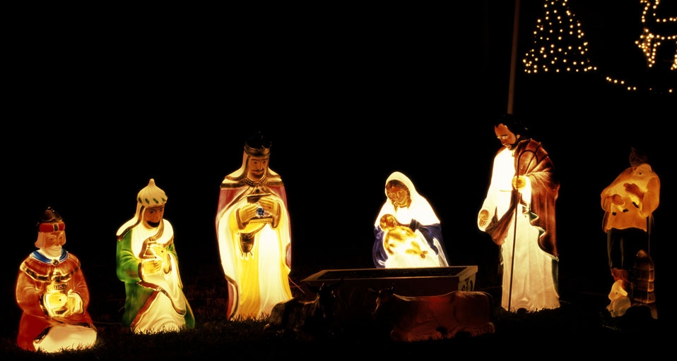 Figurines depicting nativity scene lit up at night - Tom Brakefield/Photolibrary &copy; (Bing United Kingdom)