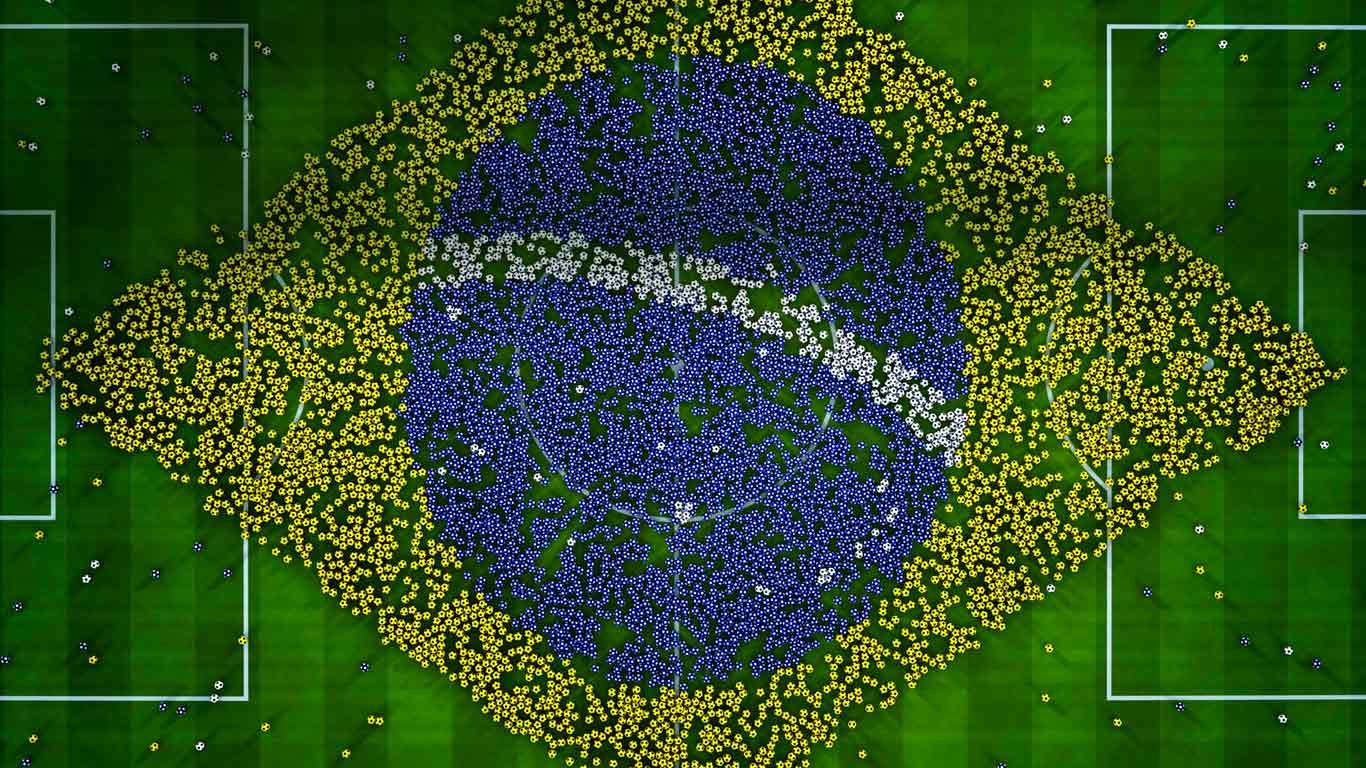 Balls on a football pitch forming a giant flag of Brazil (© Volker Möhrke/Corbis)(Bing United Kingdom)