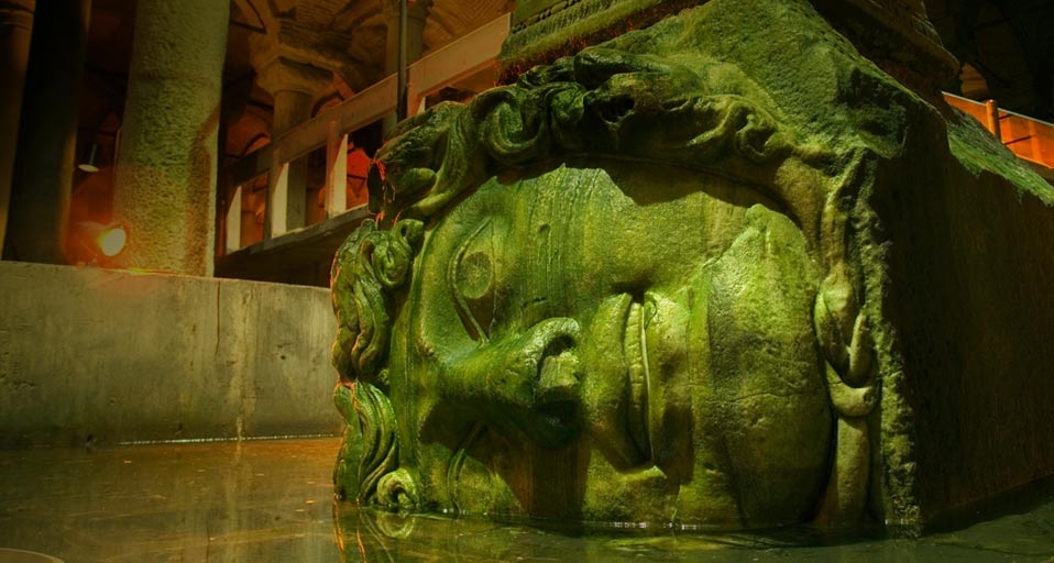 A head of Medusa used as the base of a column in the Yerebatan Cistern (Basilica Cistern), Istanbul, Turkey -- David Sutherland/Corbis &copy; (Bing United Kingdom)