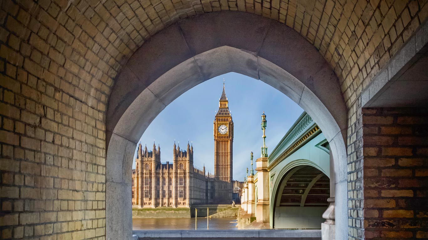 View of Big Ben and the Palace of Westminster through a pedestrian tunnel, London, England (© Stefan Kunert/Westend61/Offset)(Bing United States)