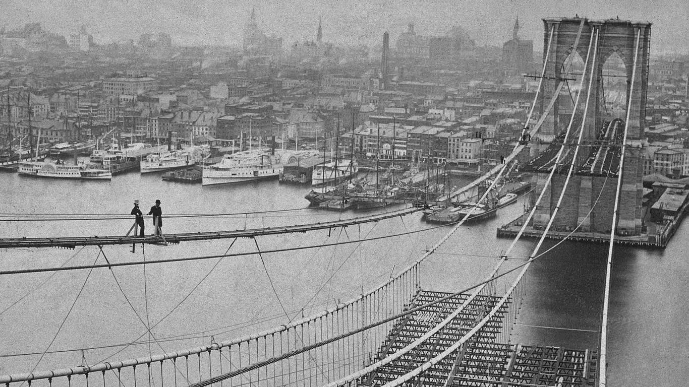 The Brooklyn Bridge under construction in New York, USA, in 1883 (© World History Archive/Alamy)(Bing United Kingdom)