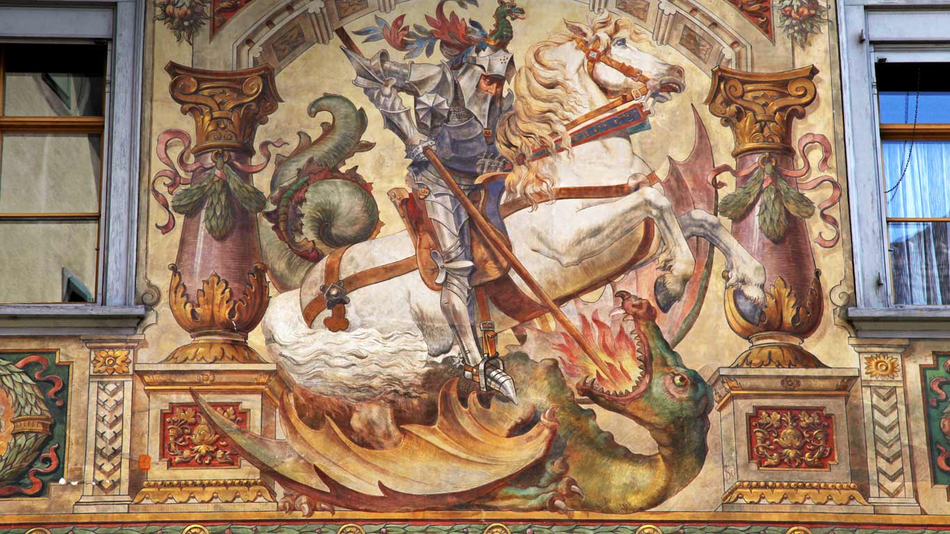 St George and the Dragon fresco on a medieval building in Stein am Rhein, Switzerland (© CSP_felker/age fotostock)(Bing United Kingdom)