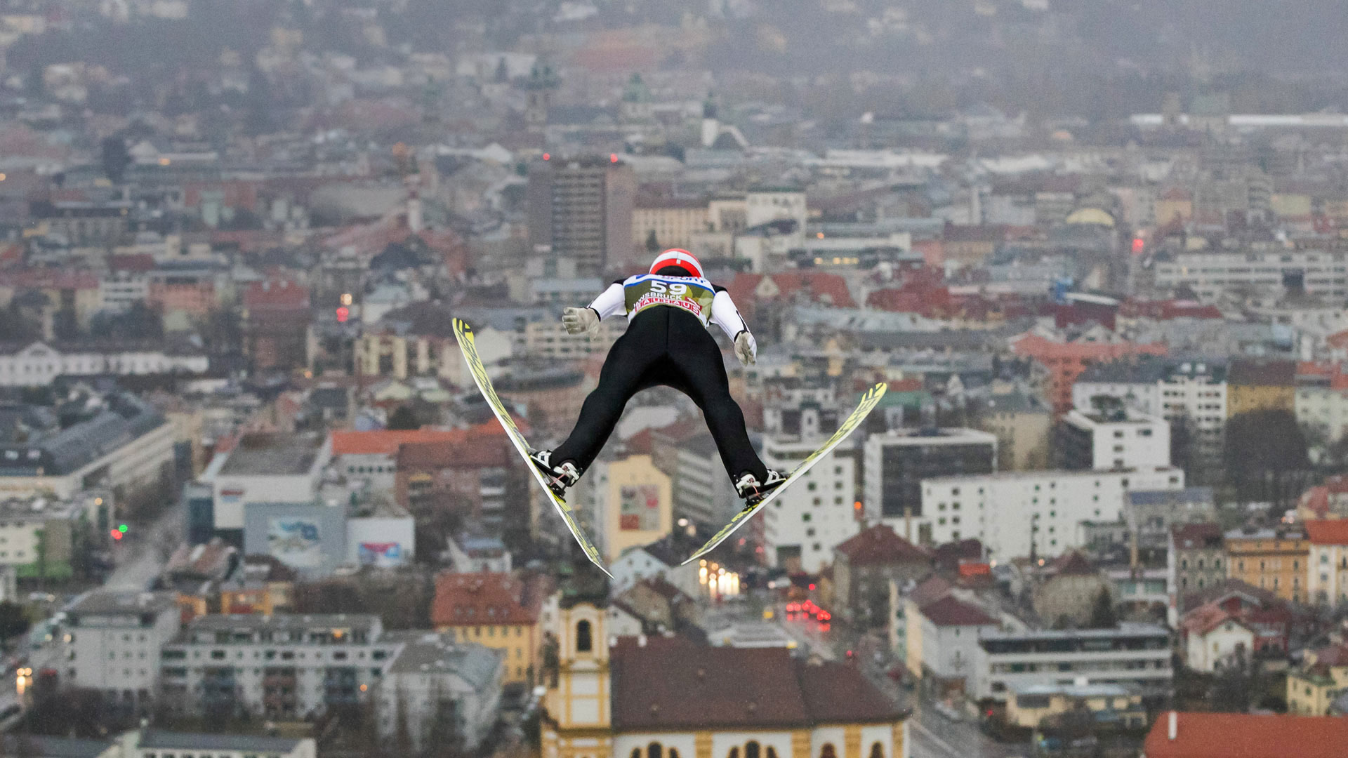 German ski jumper Markus Eisenbichler competing in the Four Hills Tournament, Innsbruck, Austria, on January 3, 2018 (© Daniel Karmann/picture alliance via Getty Images)(Bing Canada)