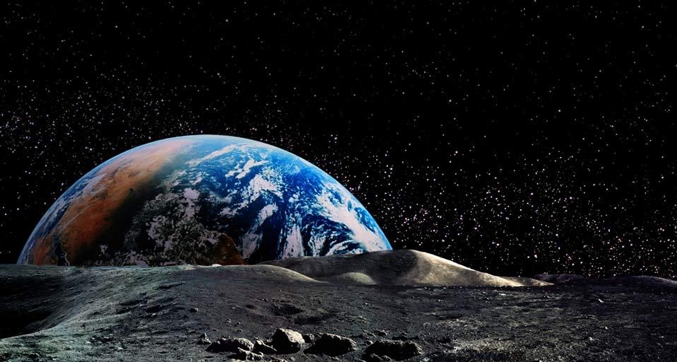 Photo composite of Earth rising above the lunar horizon (© Corbis) &copy; (Bing Canada)