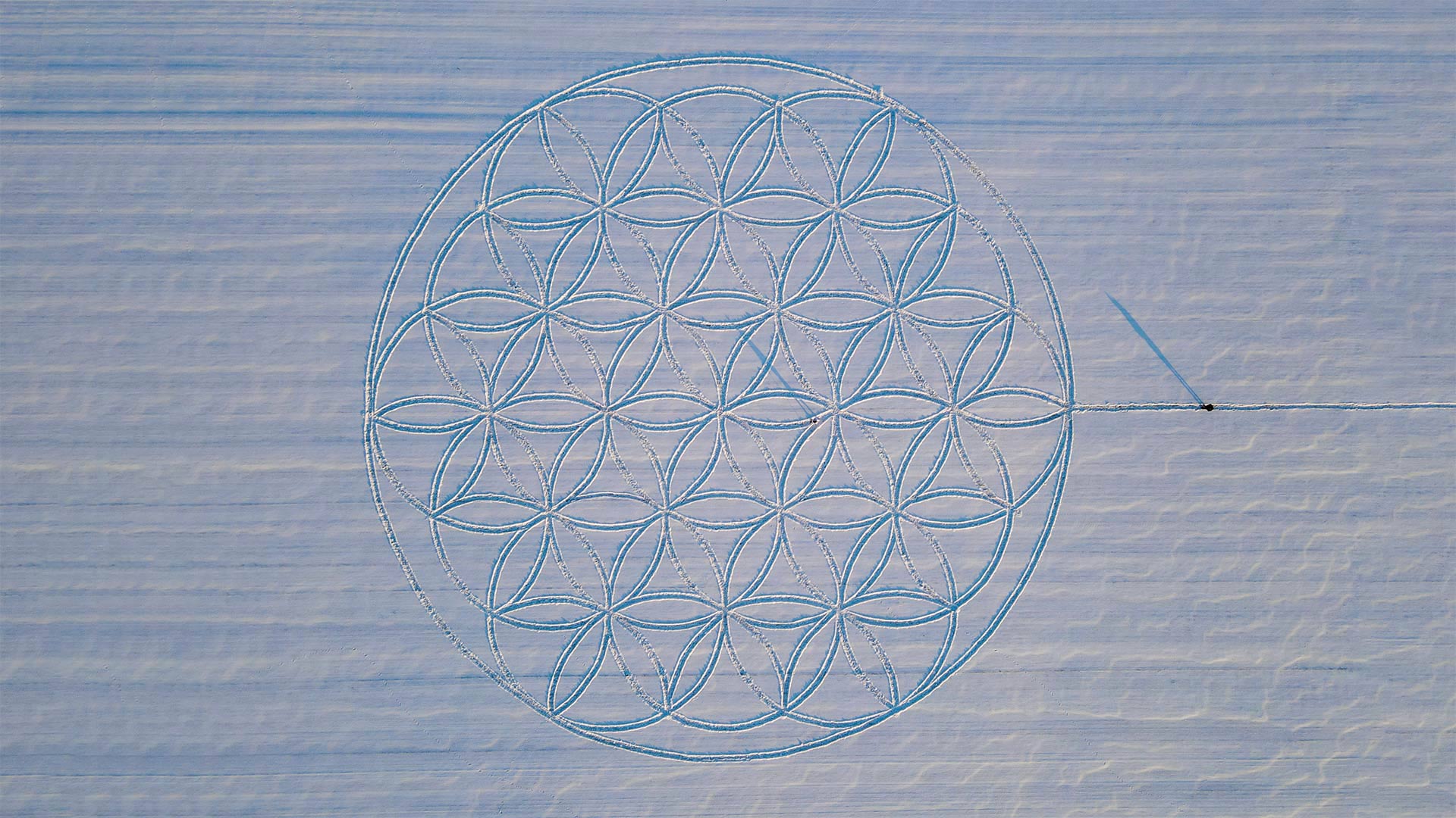 Das vom Künstler Michael Uy in den Schnee gezeichnete Symbol „Blume des Lebens“, Jacobsdorf, Brandenburg (© Patrick Pleul/picture alliance via Getty Images)(Bing Deutschland)