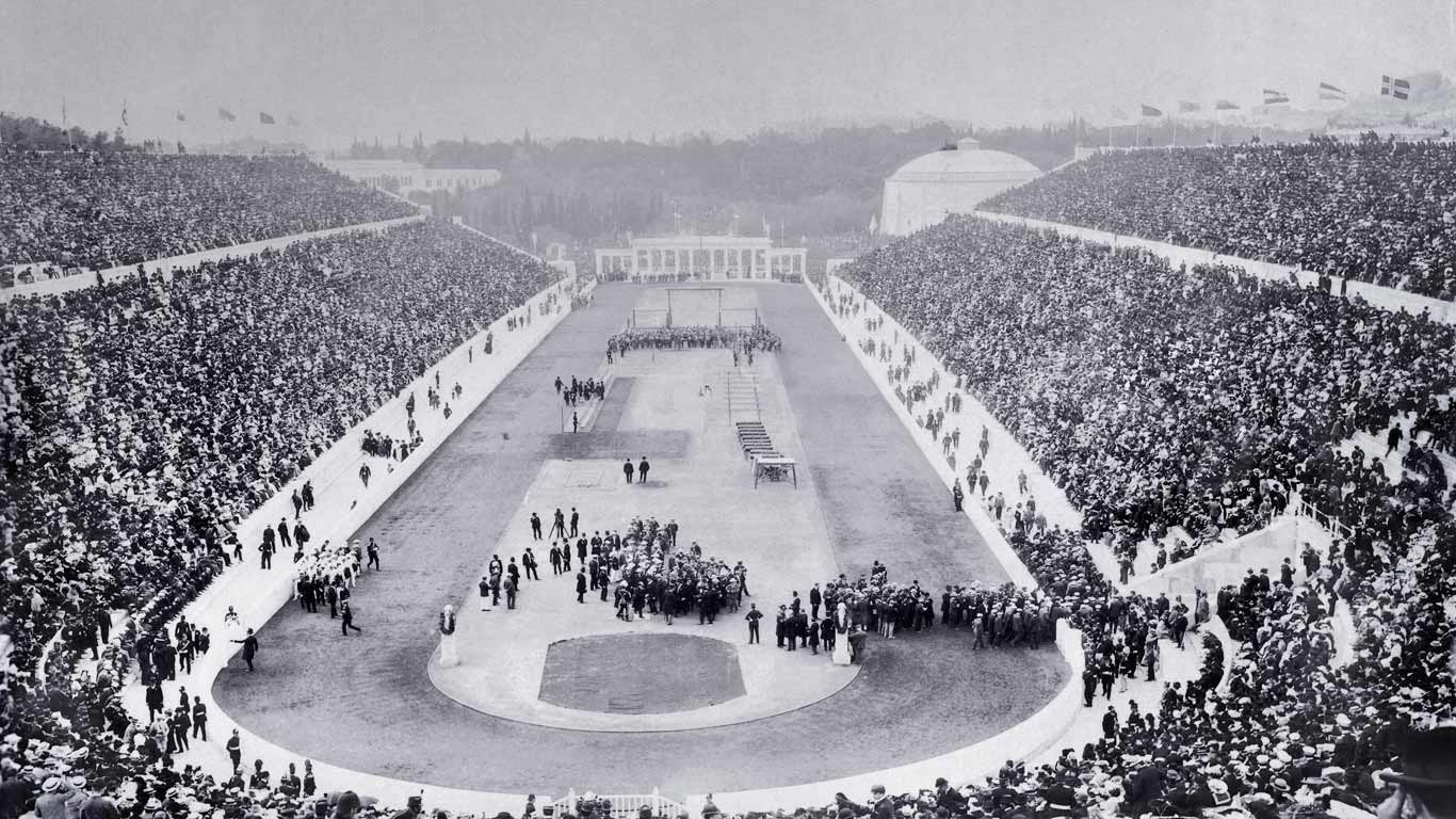 Opening ceremony of the 1896 Olympic Games in Panathinaiko Stadium, Athens, Greece (© Eye Ubiquitous/UIG/Getty Images)(Bing United Kingdom)