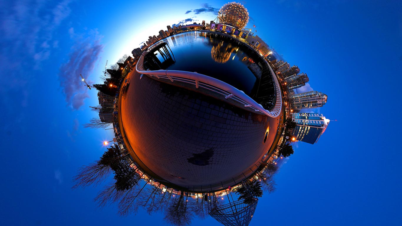 Stereographic projection of False Creek and Science World.  View of South False Creek and Science World. Vancouver, British Columbia, Canada (© Randy Kosek/National Geographic Society/Corbis)(Bing United Kingdom)