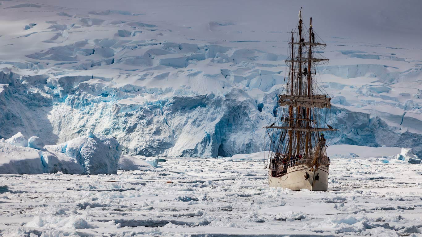 The Europa sails the Penola Strait, Antarctic Peninsula, Antarctica (© Colin Monteath/Minden Pictures)(Bing Canada)