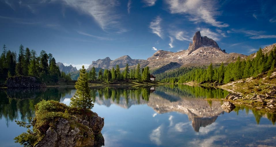Becco di Mezzodi mountain reflected in Lake Federa in the Dolomite mountains of Italy – SIME/eStock Photo &copy; (Bing Canada)