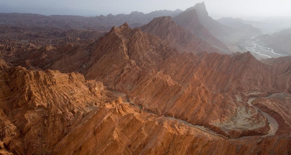 Vertically oriented sandstone formations in Kuqa Canyon, Xinjiang Uygur Autonomous Region, China. Locals call it the Tian Shan Grand Canyon -- George Steinmetz/Corbis &copy; (Bing Canada)