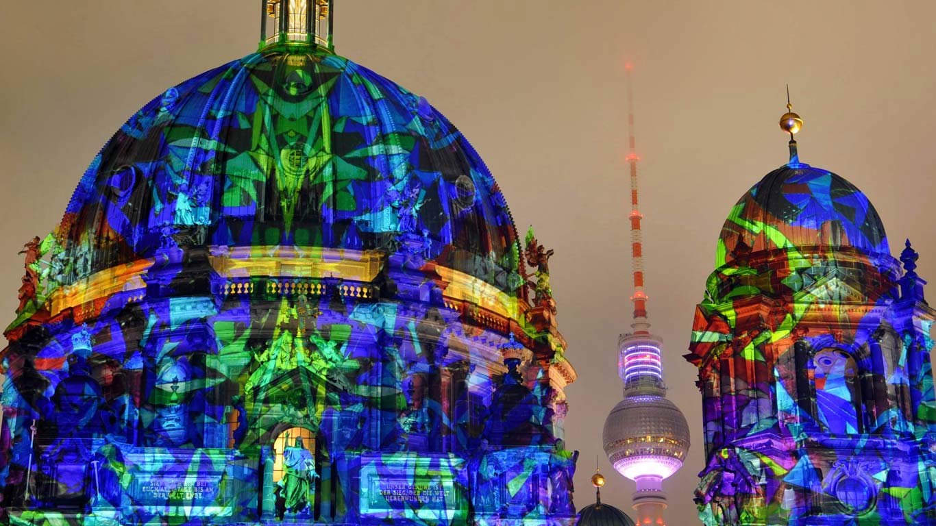 The Berlin Cathedral illuminated during the Festival of Lights in Berlin, Germany (© Paul Zinken/Alamy)(Bing United Kingdom)