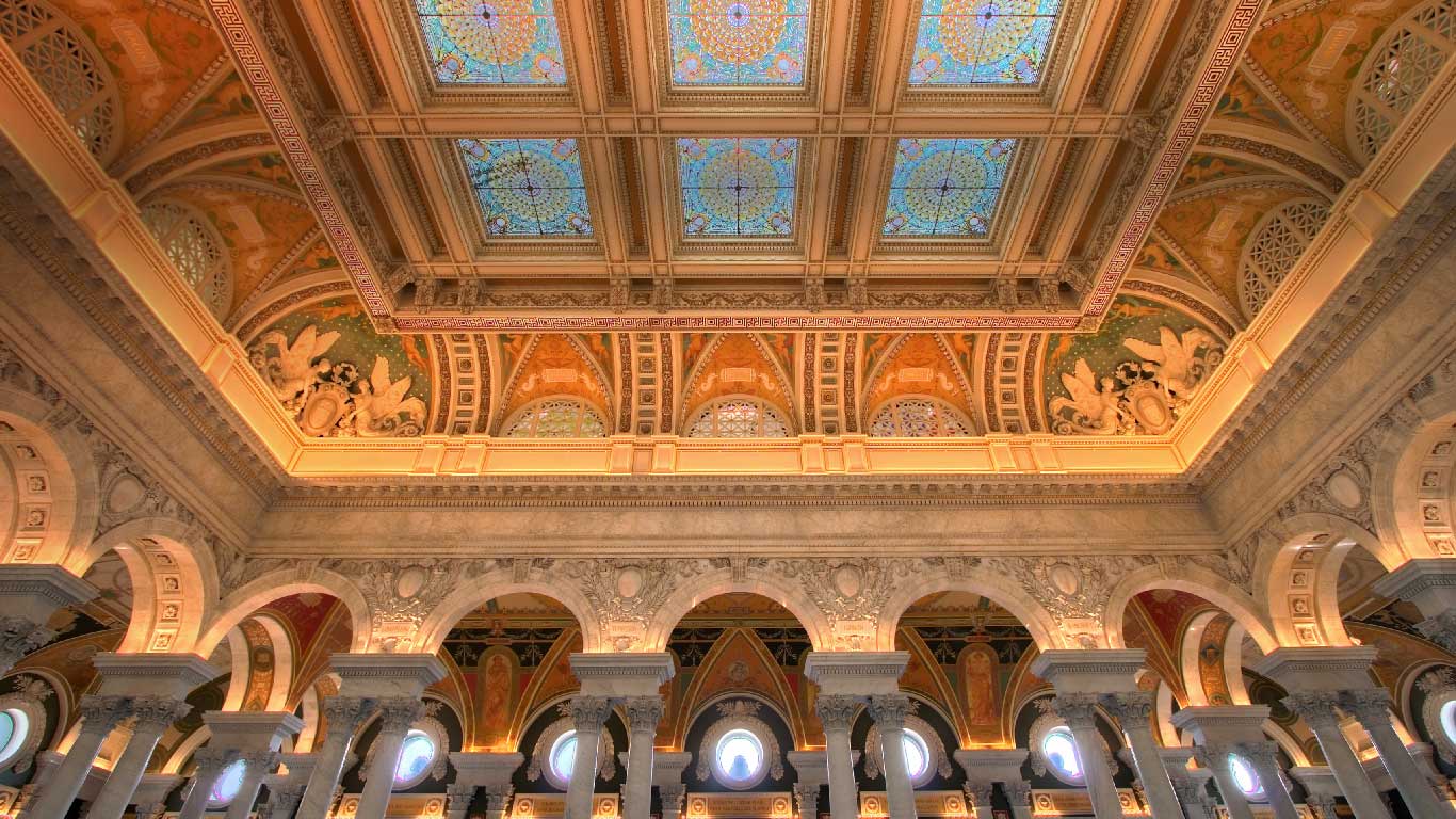 Entrance hall to the main reading room at the Library of Congress, Washington, D.C. (© Ryan McGinnis/Getty Images)(Bing United States)