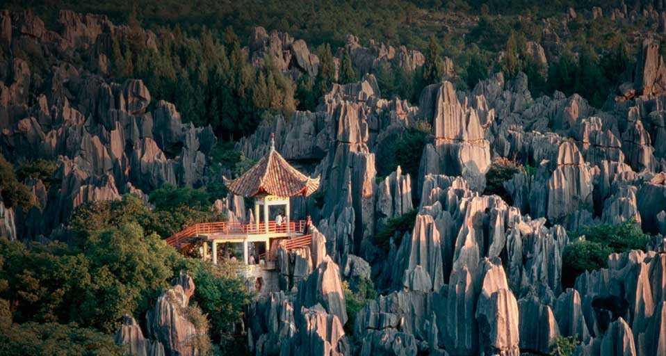 Observation deck overlooking the limestone karst of the Stone Forest in Kunming, China -- Kelly-Mooney Photography/Corbis &copy; (Bing Canada)