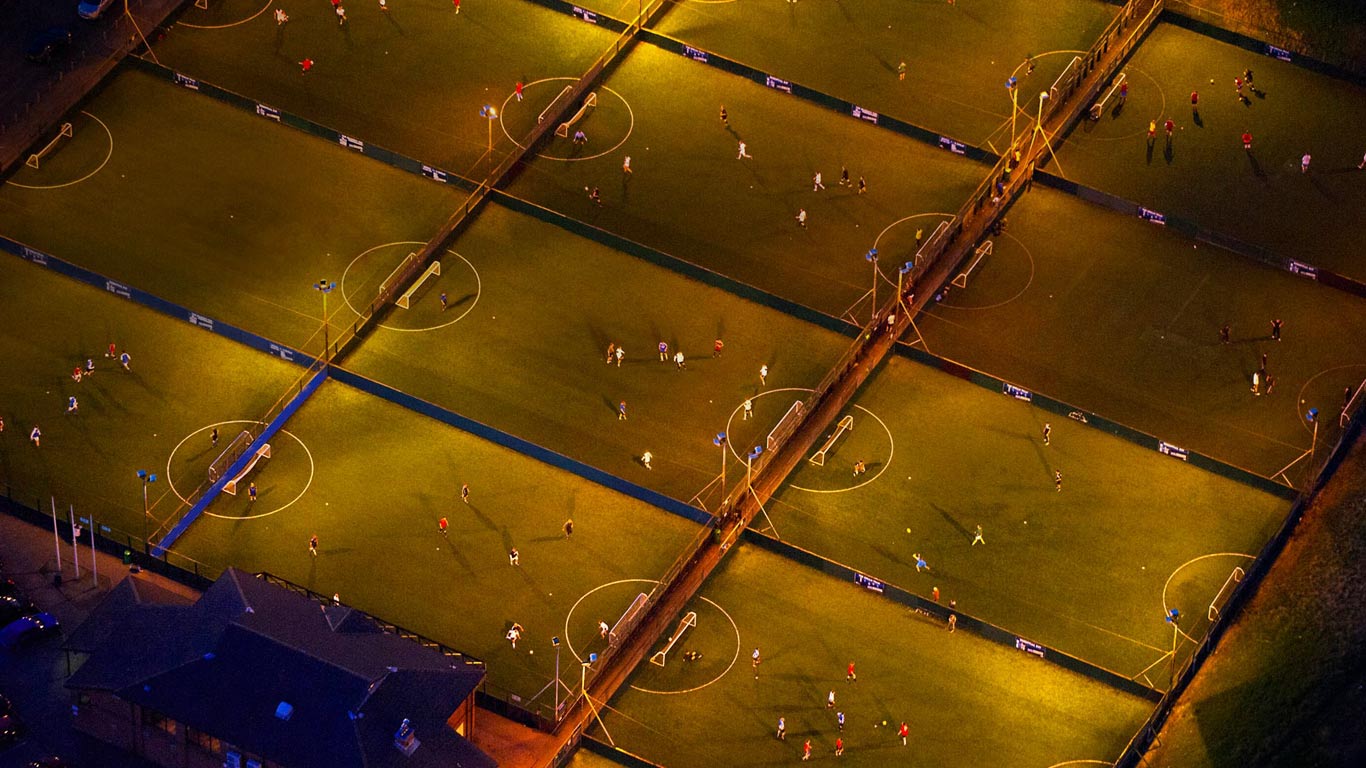 Night Aerial View Onto Five A Side Football Pitches, England (© Jason Hawkes/Corbis)(Bing United Kingdom)