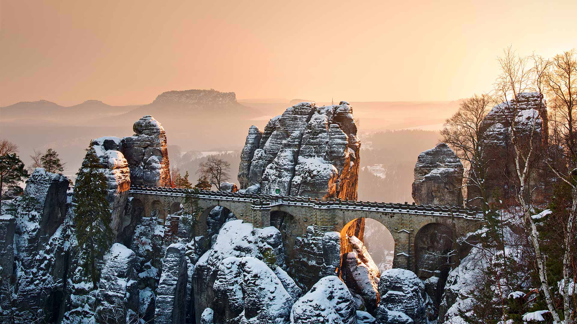 Bastei Bridge above the Elbe river in Saxon Switzerland National Park, Germany (© Reinhard Schmid/eStock Photo)(Bing United Kingdom)