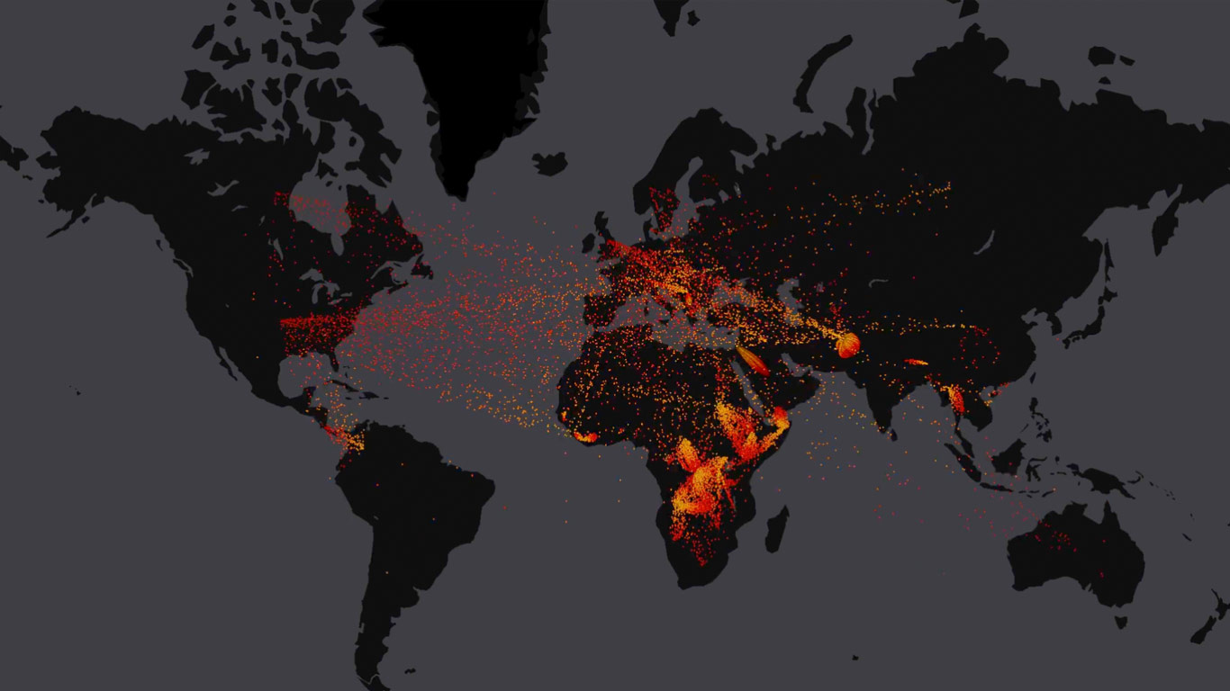 Refugee migration from 2000-2016 (Map visualization: © Records from UNHCR/EarthTime visualization by Carnegie Mellon CREATE Lab)(Bing Canada)