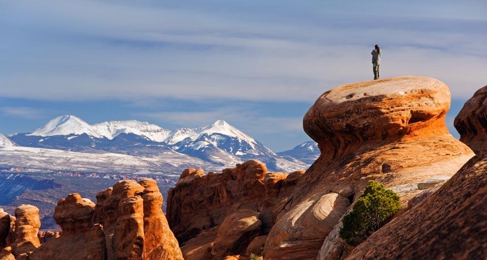 The snow-capped La Sal Mountains behind sandstone pinnacles at Devils Garden in Arches National Park, Utah, USA (© Christian Kober/Aurora Photos) &copy; (Bing United Kingdom)