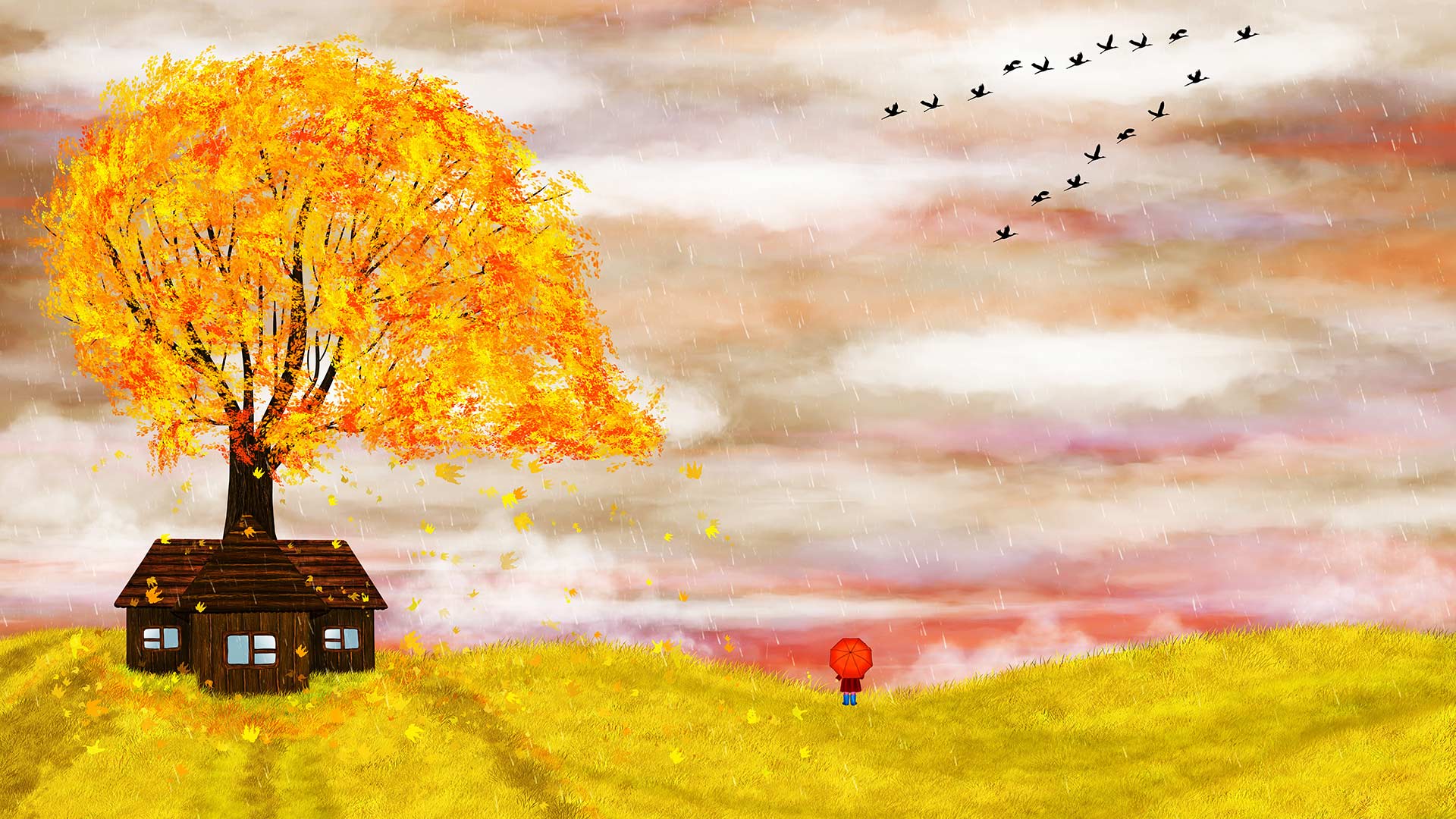 Illustration automnale d’une petite fille avec un parapluie pour la Journée mondiale du film d’animation (© Nika Lerman/Shutterstock)(Bing France)